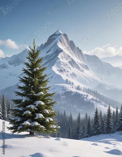 Spruce Christmas tree against a backdrop of snow-covered mountains, snowy mountains, evergreen photo