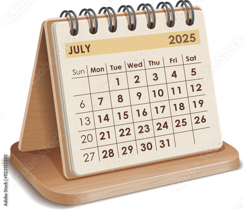Illustration vector of July 2025 WOODEN and cardboard desktop Calendar