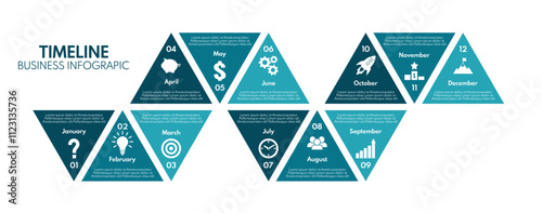 12 months or steps cycle diagram, whole year strategy plan or project timeline, blue vector infographic template with business icons