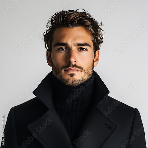 stylish man in black long sleeve coat and turtleneck exudes confidence and charm