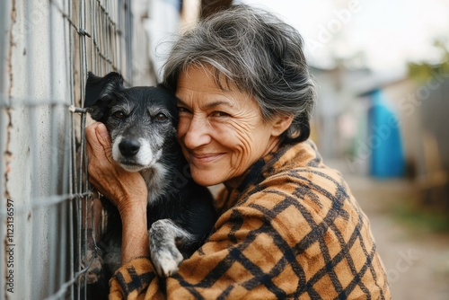 A retired woman volunteering at an animal shelter. photo