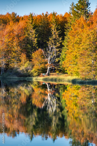 Riflessioni autunnali sul Lago Pranda, parco nazionale dell'appennino tosco-emiliano, comune di Ventasso, provincia di Reggio Emilia, distretto Emilia-Romagna, Italia, Europa photo