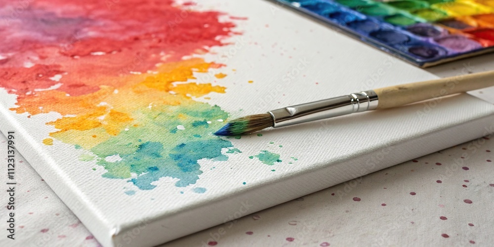 Fototapeta premium Watercolor paint spill on a canvas surface, liquid black, color intensity, artistic focus, absorbent surface