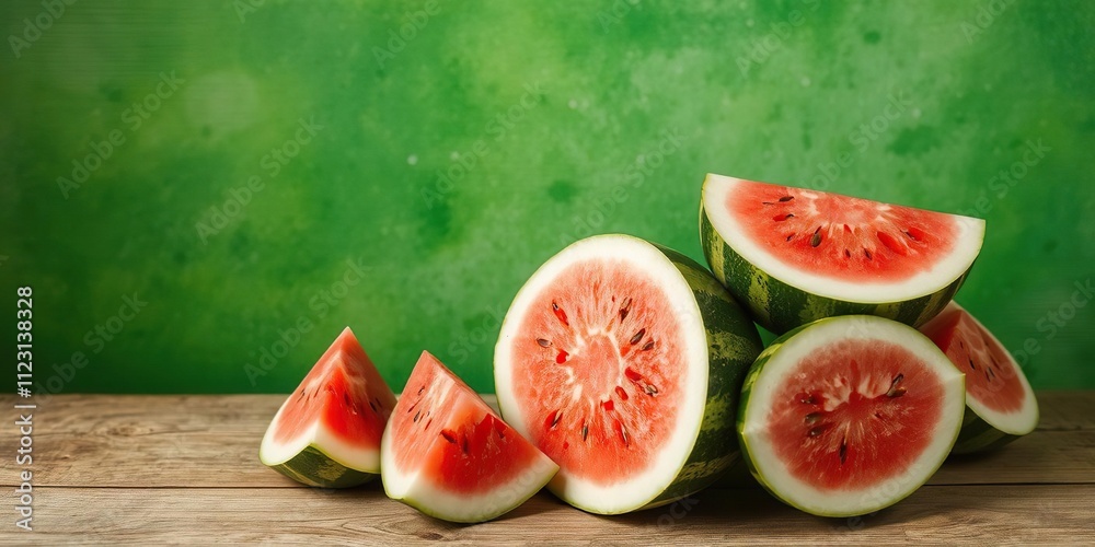 Watermelon slices arranged on a rustic wooden surface with a vibrant green background, vibrant, juicy, organic Watermelon slices arranged on a rustic wooden surface with a vibrant green background, vibrant, juicy, organic
