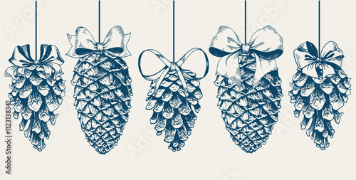 Set of forest pine cones decorated with ribbon bows. Christmas clipart, hand drawn vector illustration.