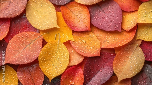 Colorful autumn leaves with dew drops. photo