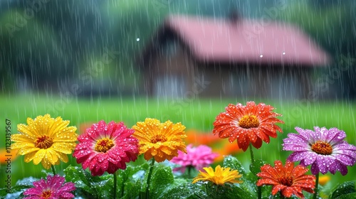 Colorful flowers in a rain shower near a small house. photo