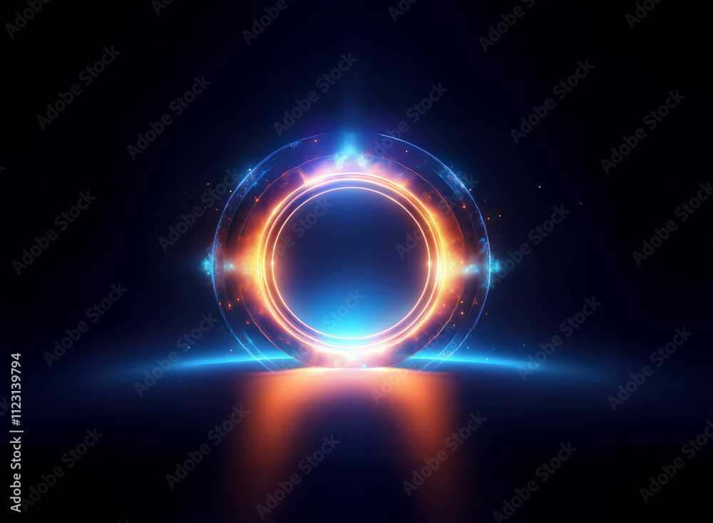 A luminous circular portal glows with vibrant blue and orange energy, casting a reflective sheen on a dark surface. Its futuristic design suggests power and technology. A luminous circular portal glows with vibrant blue and orange energy, casting a reflective sheen on a dark surface. Its futuristic design suggests power and technology.