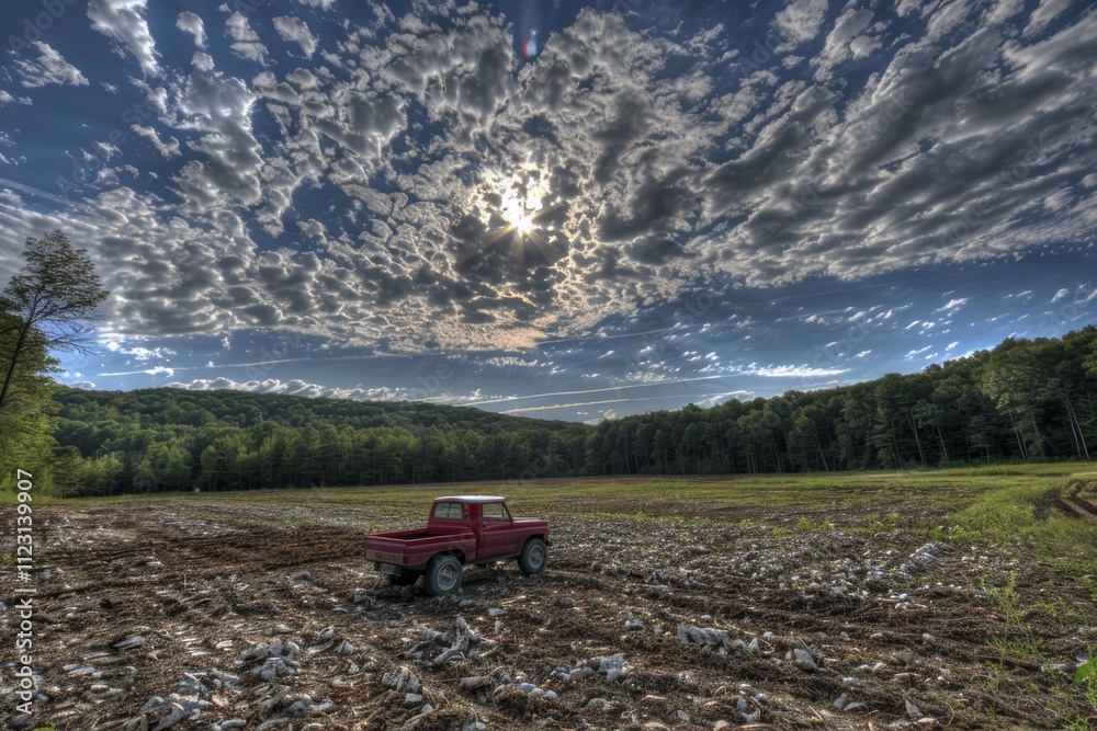 Fototapeta premium Open Field Of Freshly Harvested Crops With Vintage Red Pickup Under Cloudy Sky At Sunset