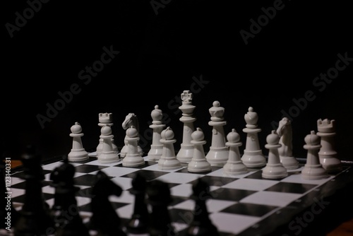 chess pieces arranged on a board. selective focus. game, strategy and business concepts