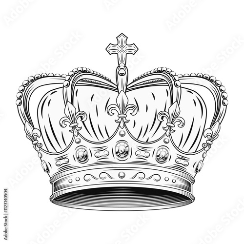 Imperial crown with gemstones, pearls, fleur de lis sign on points, cross on top. Black and white illustration in vintage style.