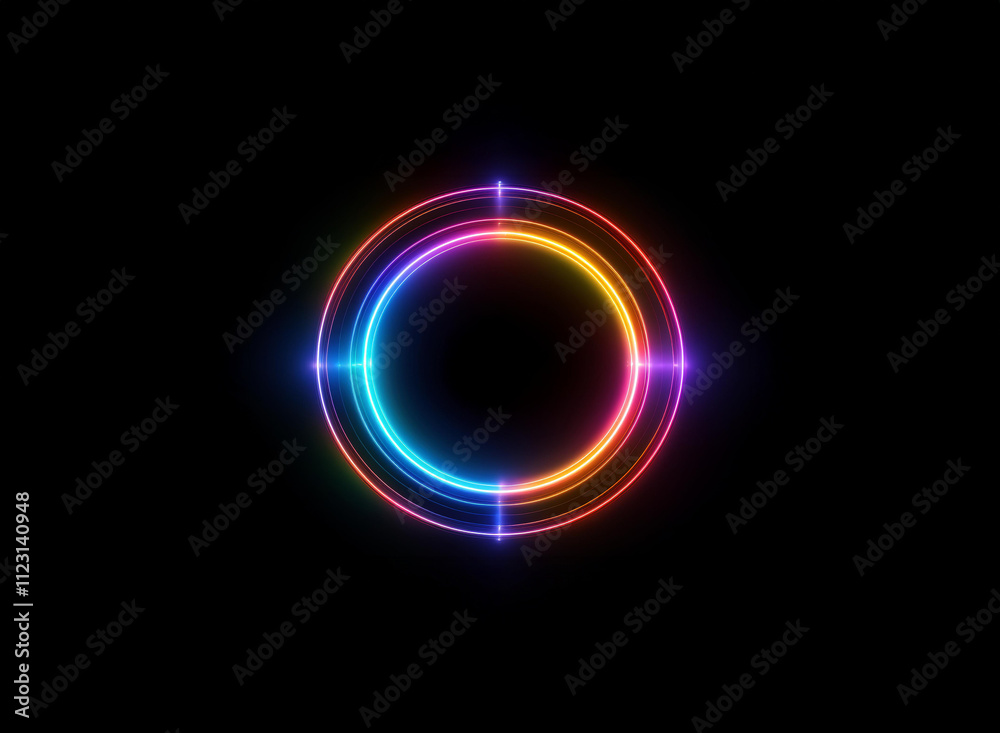Vibrant rainbow neon circle glows intensely against a black background. The concentric rings create a captivating, futuristic effect. Vibrant rainbow neon circle glows intensely against a black background. The concentric rings create a captivating, futuristic effect.