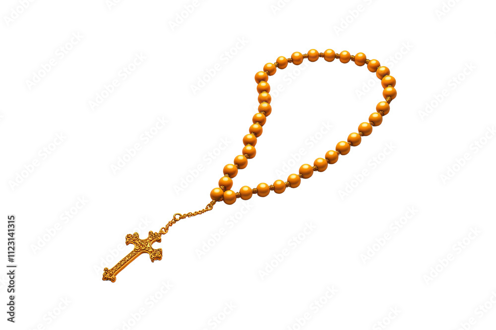Fototapeta premium A gold rosary with round beads and a crucifix pendant.