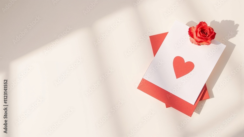 Obraz premium Minimalist red and white Valentine's Day card, elegant and modern, clean white surface with envelope, with copy space 