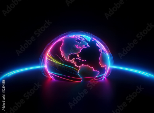 A vibrant, neon-lit globe encased in a glowing aura, set against a dark background.  The image evokes a sense of global connection and futuristic technology. photo