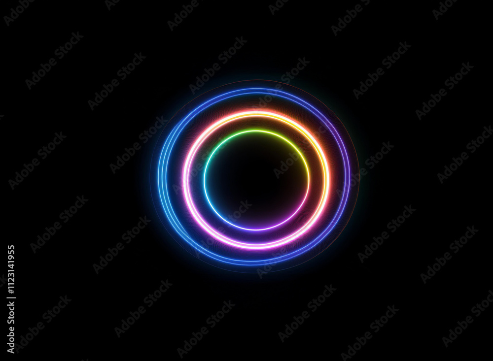 Obraz premium Vibrant rainbow neon circles glow on a black background, creating a hypnotic, concentric design. The bright, multicolored rings radiate energy.