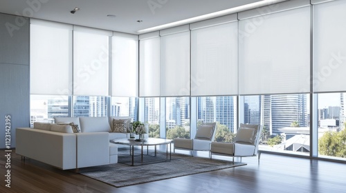 Minimalist apartment with floor-to-ceiling windows featuring dual-layer roller blinds and slimline shutters