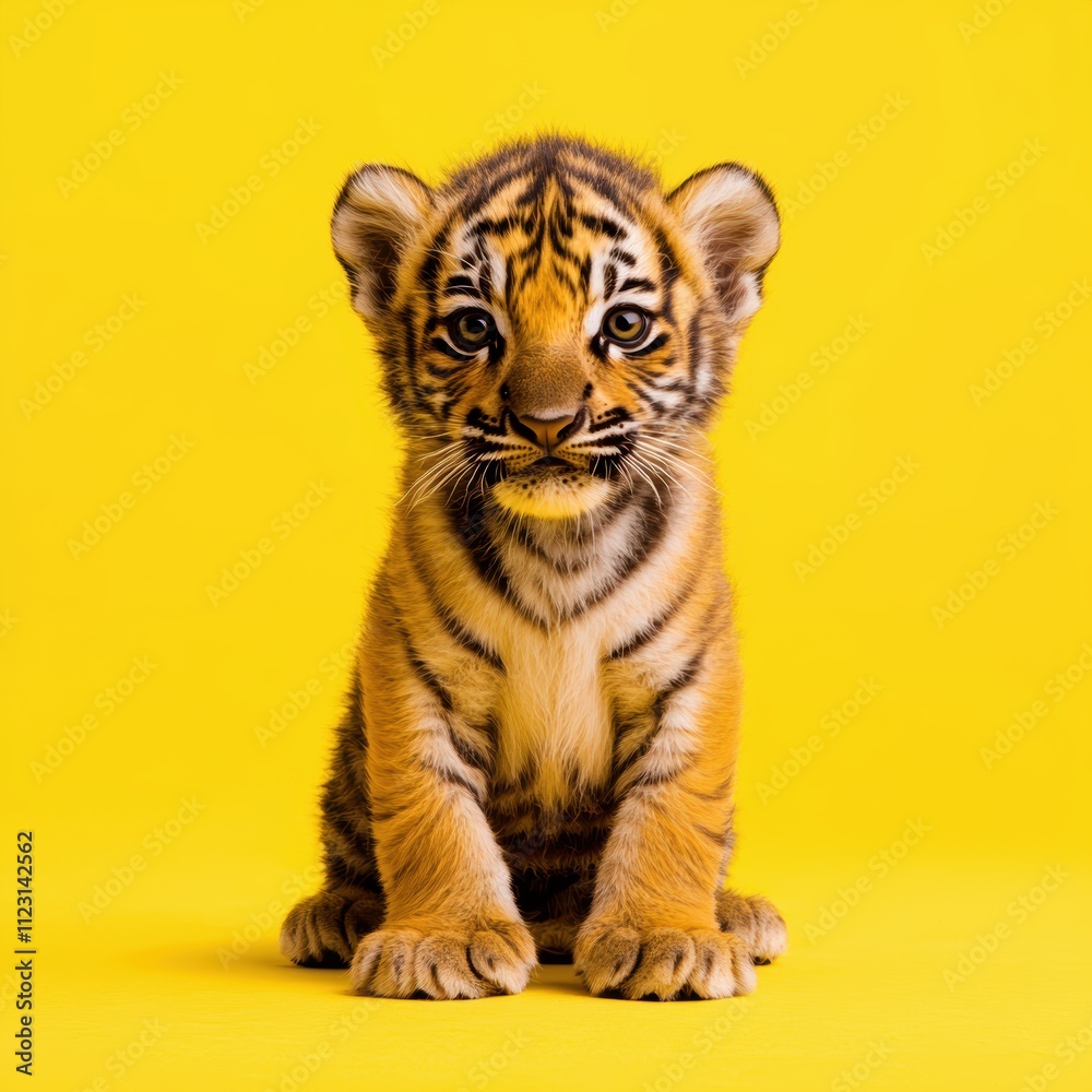 Obraz premium Playful Tiger Cub Sitting on Bright Yellow Background