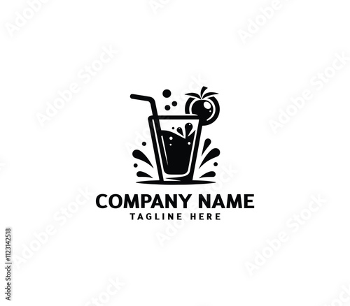 Vector fruit juice line logo design. Drink fruit juice logo. Cocktail logo with glass straw, Orange