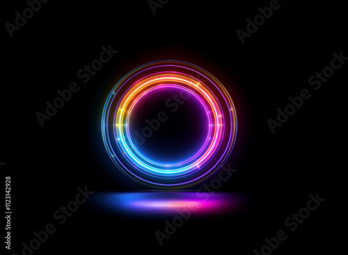 Vibrant, multicolored neon circles glow in the dark, creating a mesmerizing, concentric light effect with a subtle shadow beneath.