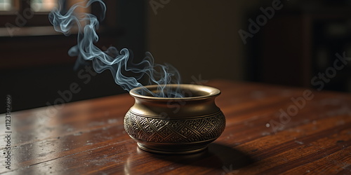 Ornate bronze incense burner with rising smoke on wooden table