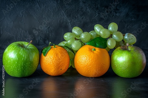 A colorful array of fruits  exploring the delightful flavors of apples, oranges, and grapes photo