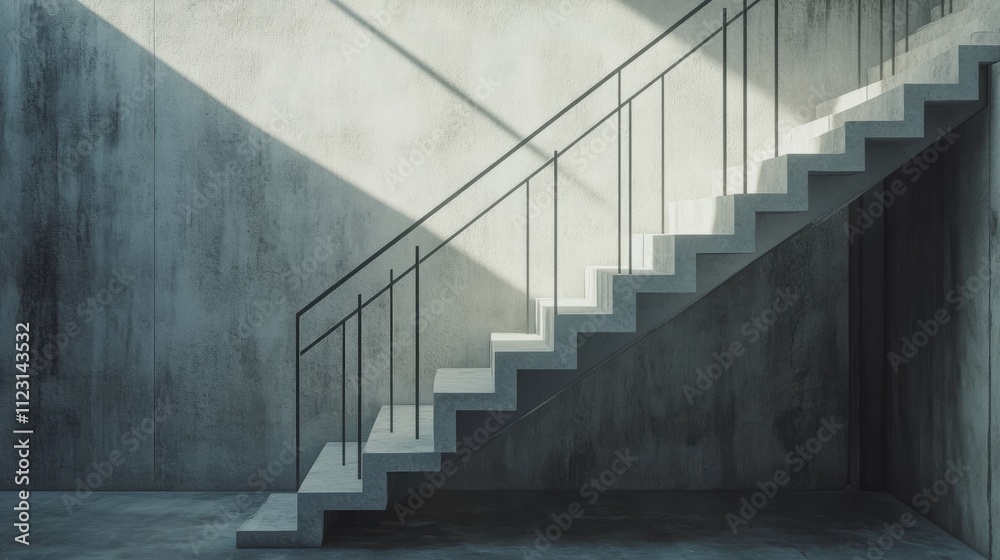 Fototapeta premium Minimalist staircase with a soft gray palette, simple steel railing, and textured concrete steps in a contemporary setting