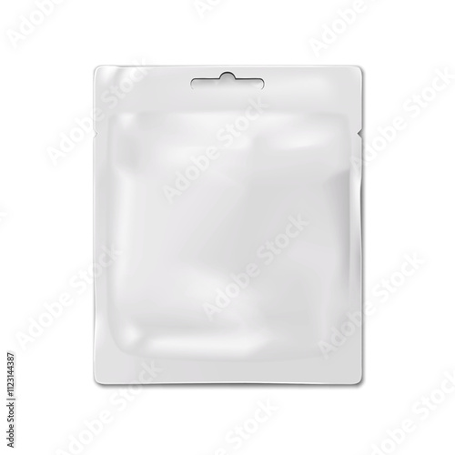Blank white sachet packet with tear notches and euro hole. 3d mockup. Plastic pouch bag. Realistic vector mock-up. Food, medical or cosmetic product hanging individual package. Template for design