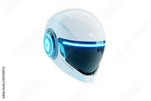 A futuristic white helmet featuring blue light accents and a sleek design, suggesting advanced technology and protection. photo