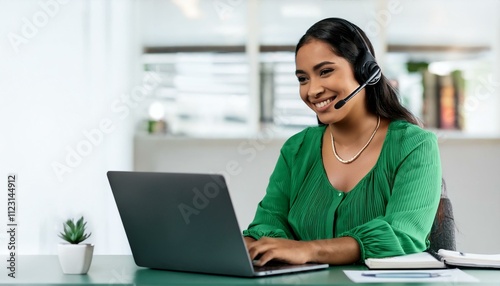 An African woman call center agent, wearing a green blouse, smiling brightly while using a headset and laptop for customer service. Ideal for stock use in tech, communication, and professional setting