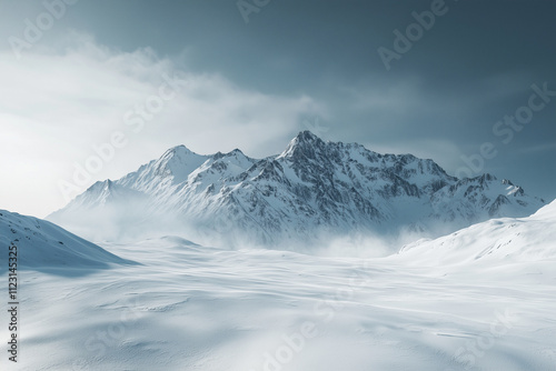 A serene winter landscape featuring majestic snow-covered mountains under a calm sky. The tranquility of the scene is enhanced by the gentle blanket of snow, inviting a sense of peace and reflection.