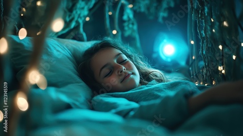 A magical scene of a child sleeping blissfully in a dreamlike forest illuminated by fairy lights, capturing enchantment, serenity, and the wonder of dreams. photo