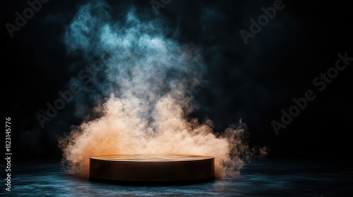 A somber scene highlighting a circular platform enveloped by swirling blue and orange mist, emitting a mysterious and tranquil vibe within a dark setting. photo