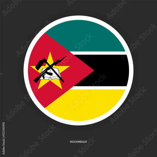 Mozambique circle flag icon with shadow on dark background. Mozambique button icon with white border isolated dark grey background	
