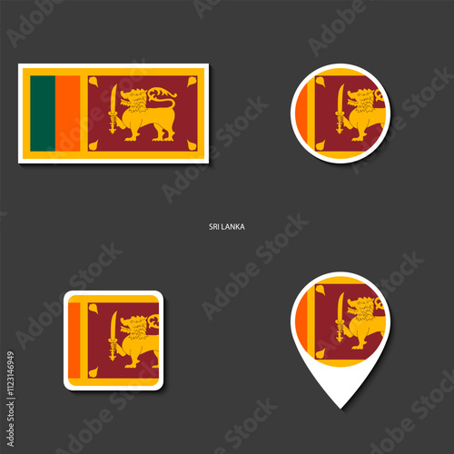 Sri Lanka flag icon set in different shape (rectangle, circle, square and marker icon) on dark grey background. Sri Lanka sticker icon collection on barely dark background