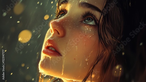 A woman looks up while rain falls around her. Droplets accentuate her face, reflecting soft light as she appears lost in thought during the evening. Generative AI photo