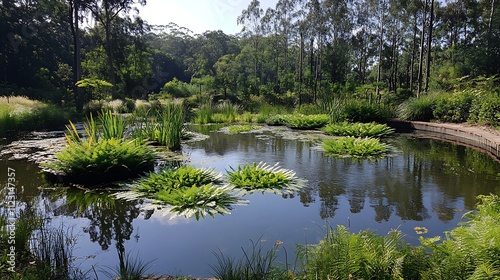 Fototapeta Naklejka Na Ścianę i Meble -  A freshwater lake with dense patches of aquatic plants, including floating ferns and submerged grasses, providing shelter for wildlife