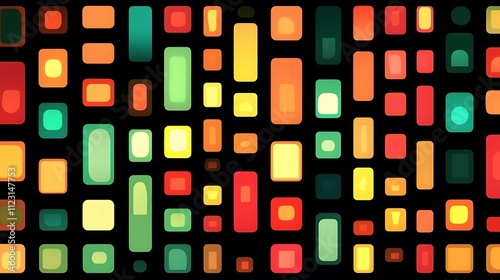 An abstract grid pattern with segments glowing in alternating colors, representing structured data.