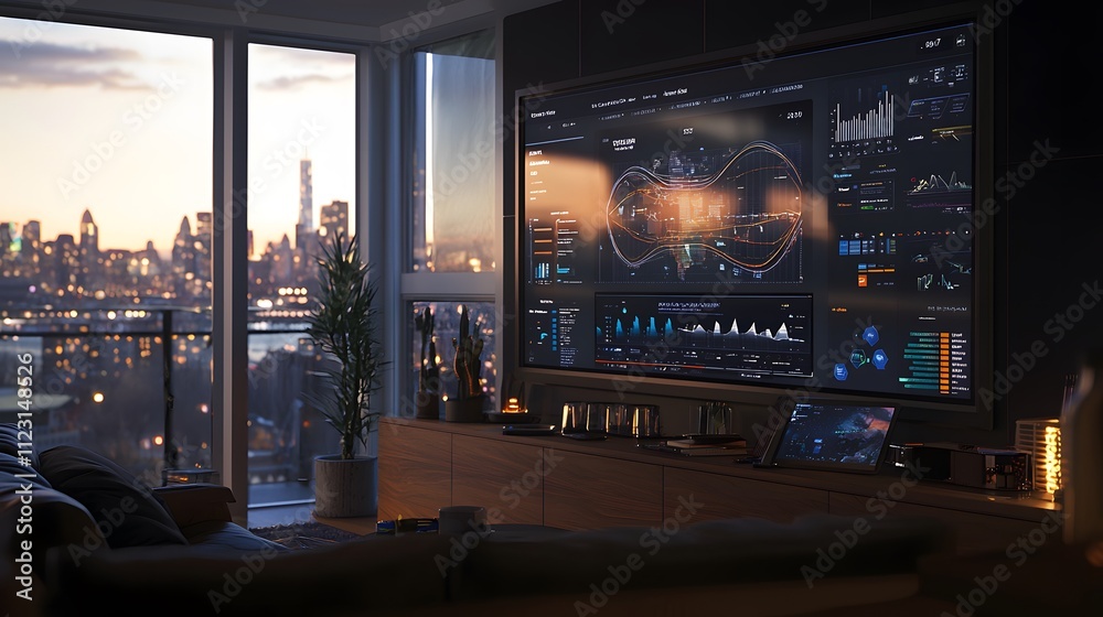 Obraz premium A modern workspace featuring a large screen with a detailed classification dashboard.