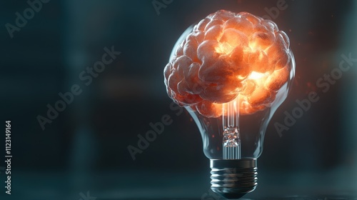 A glowing artificial lightbulb encapsulates a brain, symbolizing creativity and innovation, with vivid warm tones highlighting this imaginative concept. photo