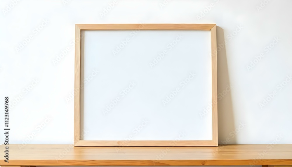 A wooden frame on a wooden table against a white wall, with a blank white canvas inside the frame