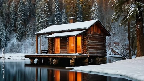 A beautiful wooden cottage near lake in a snowy area