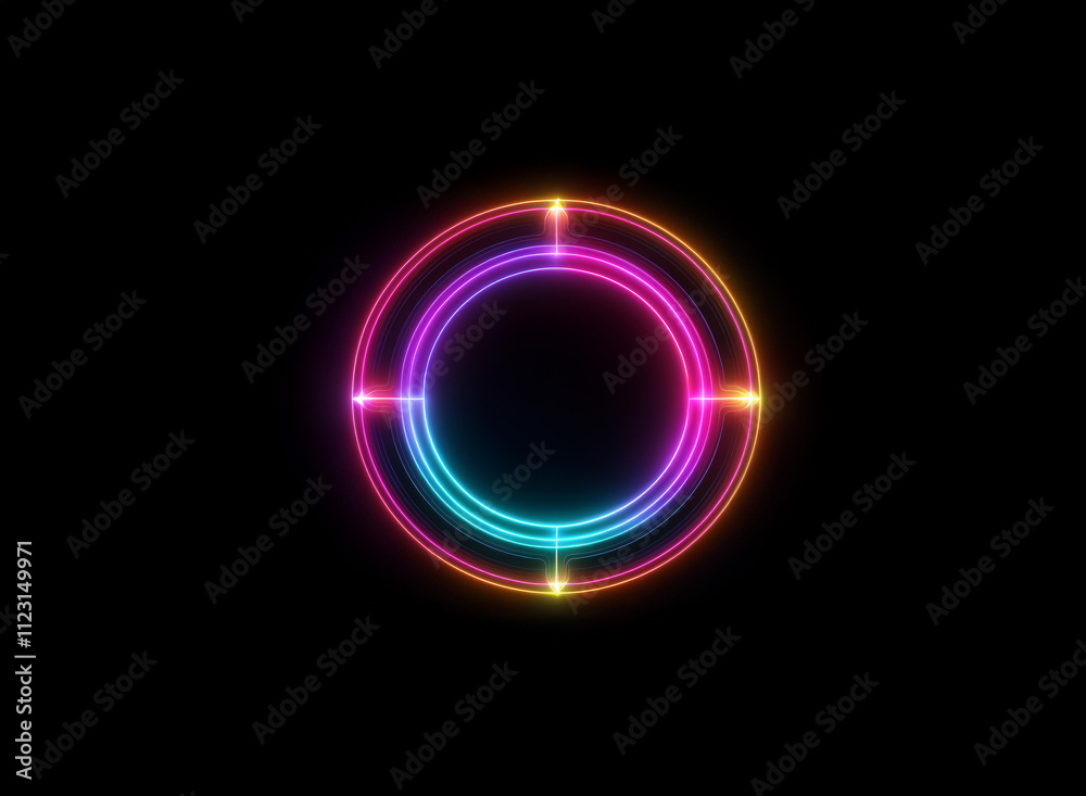 Obraz premium Vibrant, multicolored neon circles glow against a dark background. The inner circle is framed by two concentric rings of light, punctuated by small radiant points.