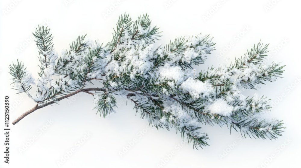 Obraz premium Winter wonderland: A snow-dusted pine branch against a pristine white background.