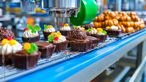 Delicious chocolate cupcakes and confections on production line, showcasing vibrant colors and intricate designs. scene captures joy of dessert creation