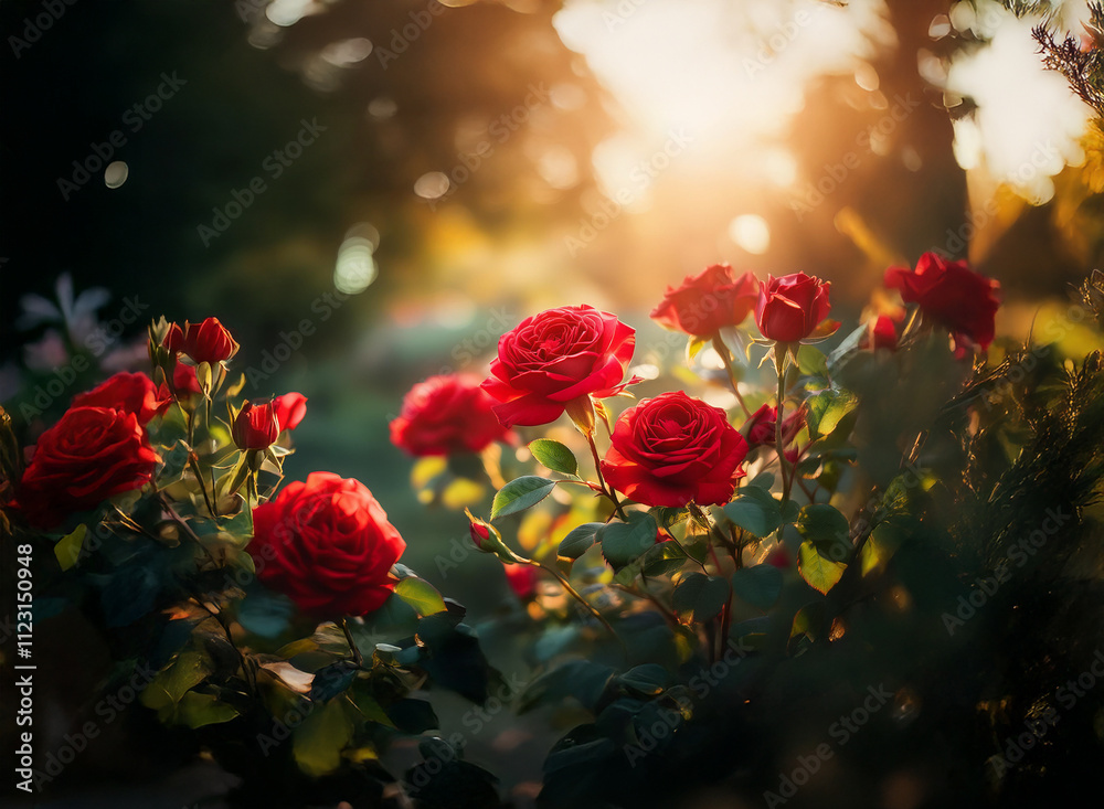 Obraz premium Luminous sunset illuminates a cluster of deep red roses in a lush garden. The warm light backlights the petals, creating a captivating scene.