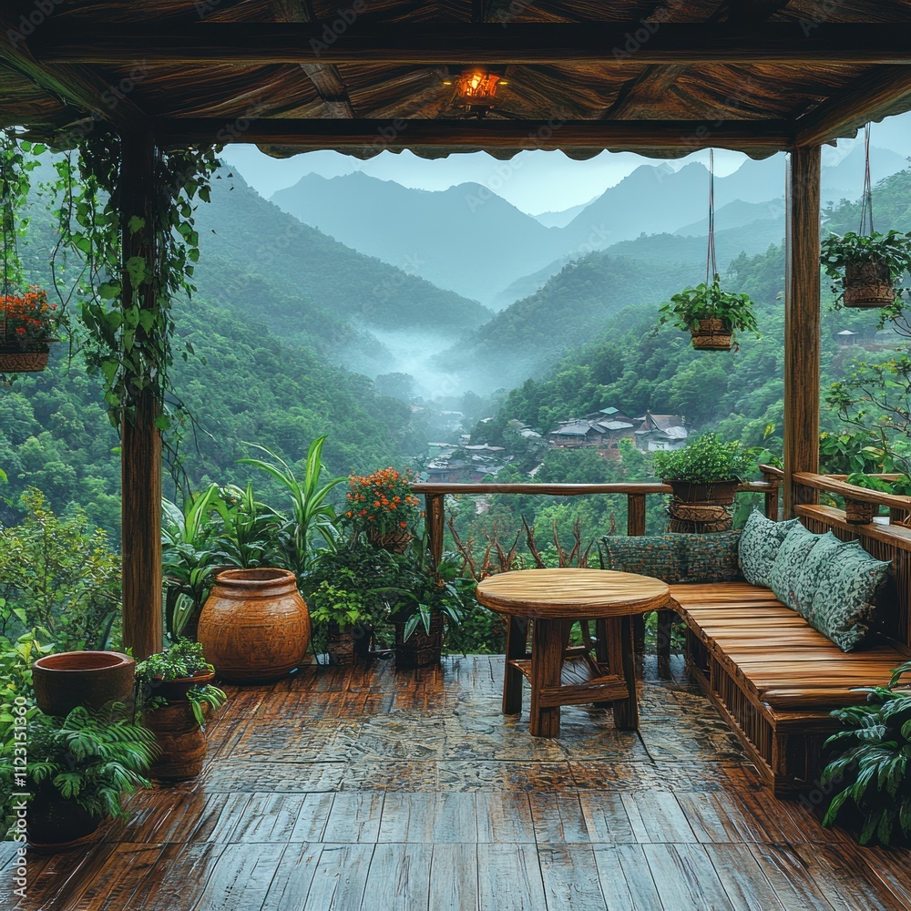 Fototapeta premium Serene wooden deck overlooking misty mountains and lush greenery. Perfect for relaxation.