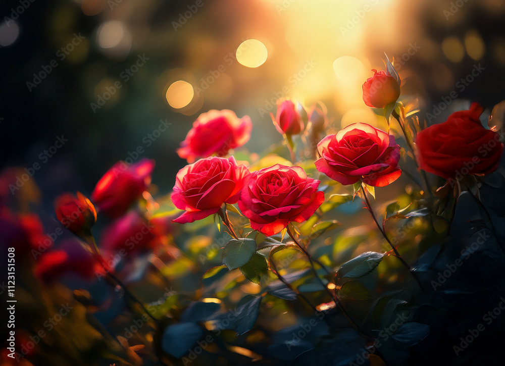 Obraz premium Red roses bask in the warm glow of the setting sun, their petals illuminated, creating a breathtaking scene of natural beauty. The bokeh effect adds a touch of magic.