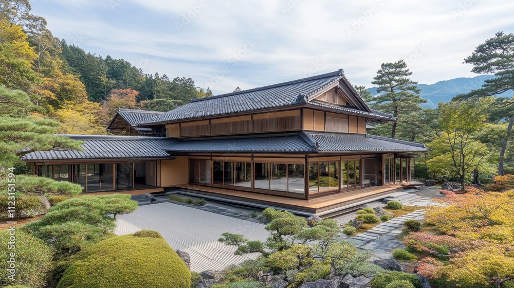 Tranquil Japanese House Surrounded by Autumn Foliage and Nature Tranquil Japanese House Surrounded by Autumn Foliage and Nature
