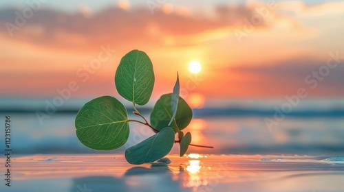 A bright green, glossy eucalyptus leaf sits on a white table, with a stunning beach sunset behind photo